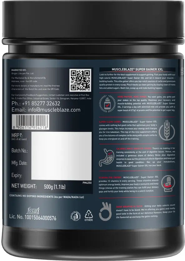 MUSCLEBLAZE Super XXL, For Muscle Weight Gainers/Mass Gainers  (500 g, Chocolate)