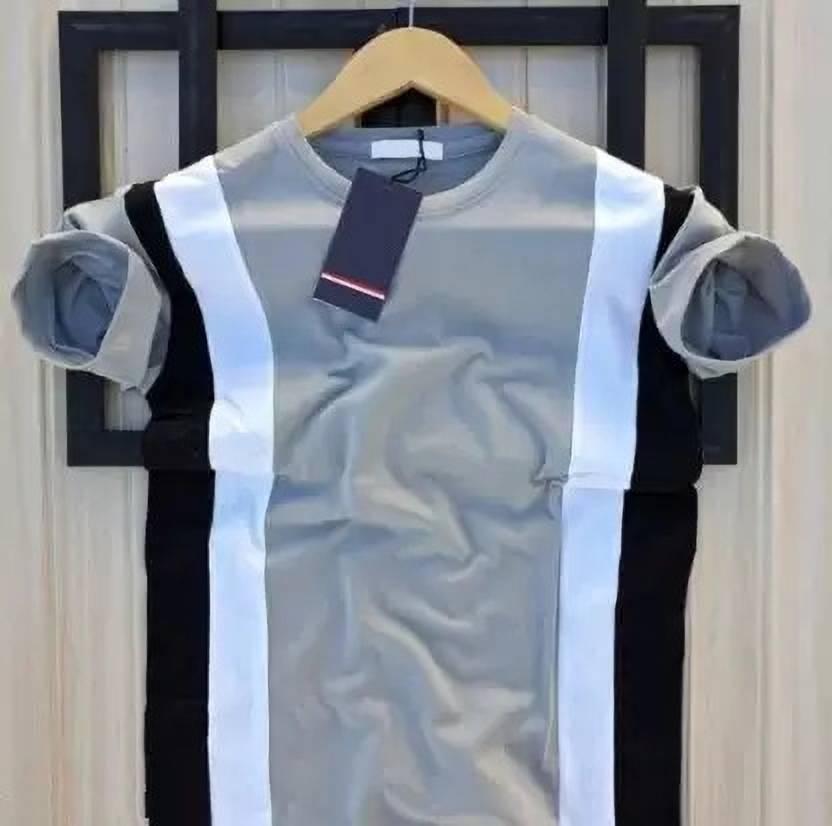 Men Striped Round Neck Polyester Grey T-Shirt