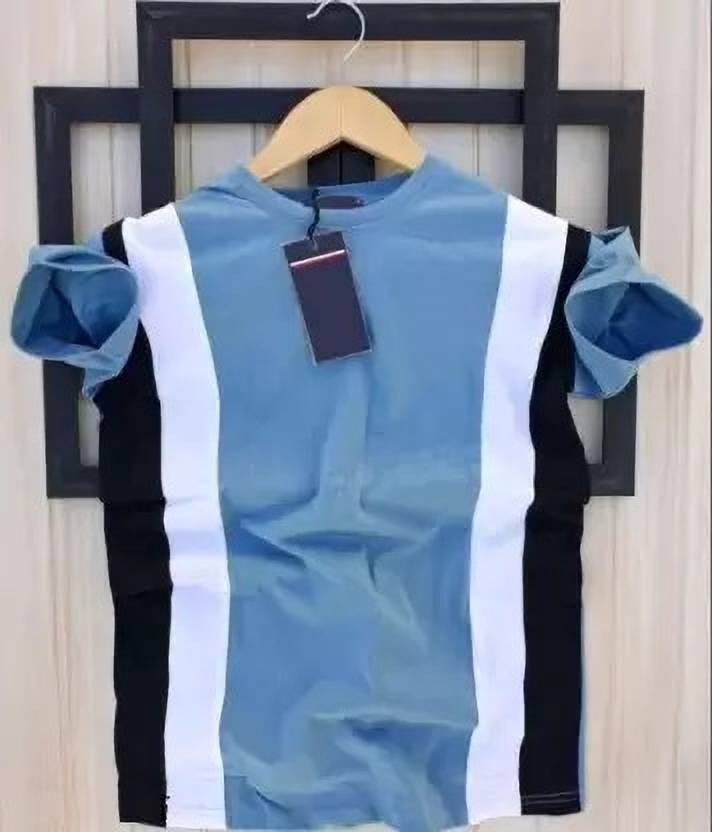 Men Striped Round Neck Polyester Grey T-Shirt