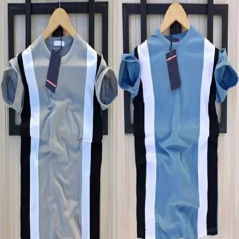 Men Striped Round Neck Polyester Grey T-Shirt