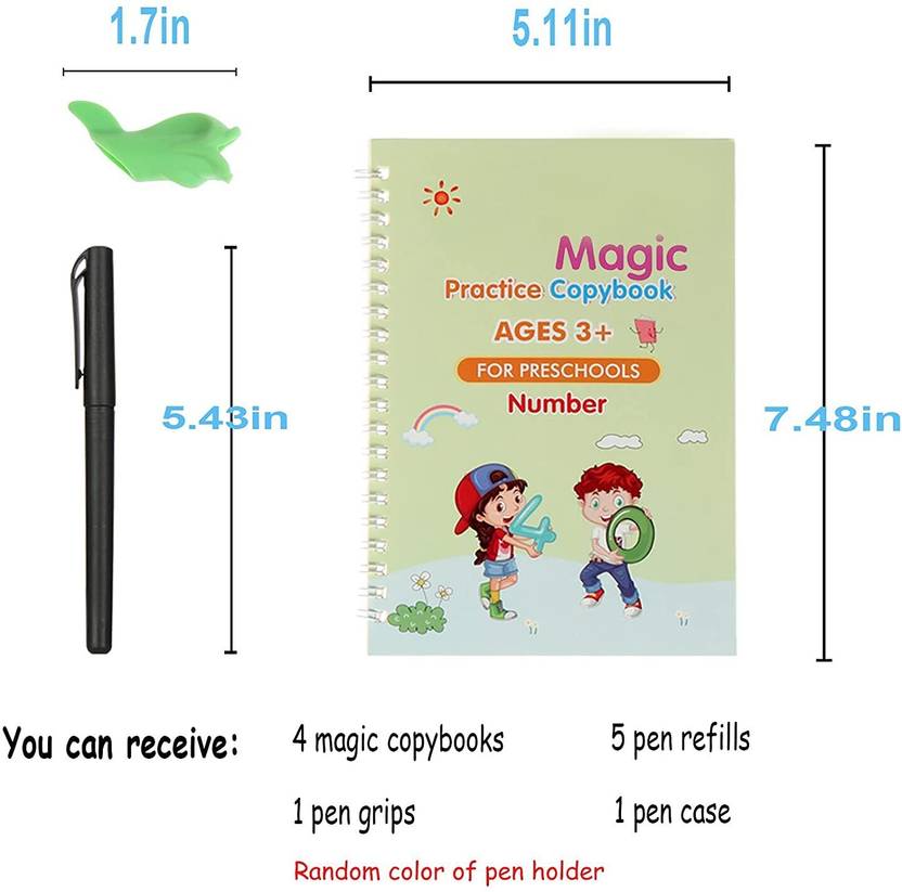 ZRIYOS Magic Practice Copybook (4 BOOK + 10 REFILL + 1 PEN + 1 GRIP) Reusable MagicBook  (Multicolor)