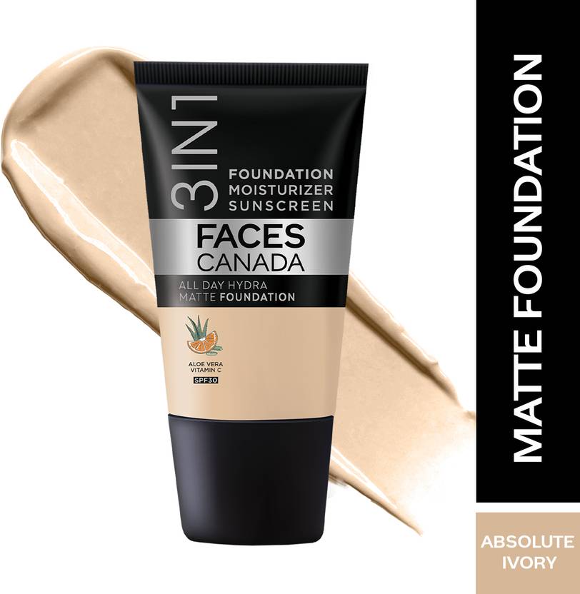 FACES CANADA All Day Hydra Matte (Mini) | 3 in 1 Moisturizer + SPF 30 + Foundation  (Absolute Ivory 012, 18 ml)
