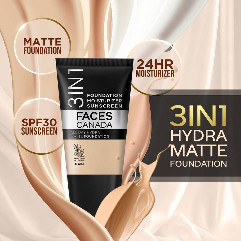 FACES CANADA All Day Hydra Matte (Mini) | 3 in 1 Moisturizer + SPF 30 + Foundation  (Absolute Ivory 012, 18 ml)