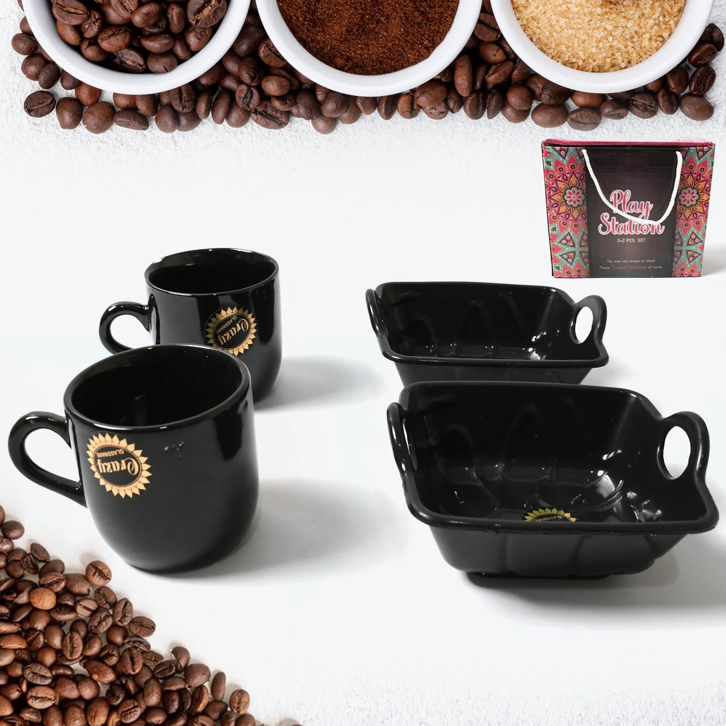 Play Station Ceramic Tea / Cups / Mug Set With Handle Serving Bowl Milk Cup, Coffee Cup, Tea Cup, Breakfast Cup, Drinking Mug Or Outdoor For Household, Gift For Birthday, Wedding Party (4 Pcs Set)