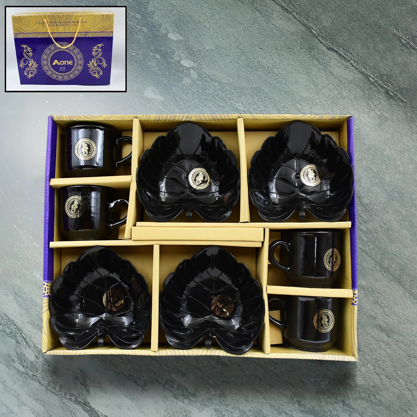 A One Ceramic Tea / Cups / Mug Set With Leaf Shape Serving Bowl (8 Pcs Set)