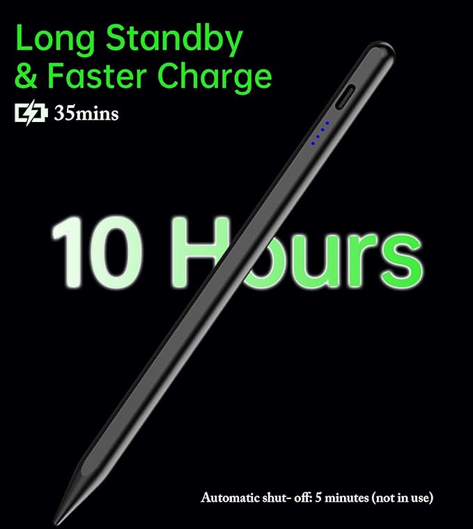 Stylus Pen for iPad 2018-2025, Pencil for Pad 9th&10th Generation with Tilt, Palm Rejection, Pencil Compatible with Apple iPad 6/7/8/9/10/A16, Pro 11"/12.9"/13"/M4, Mini 5/6, Air 3/4/5/M2/M3 - Black