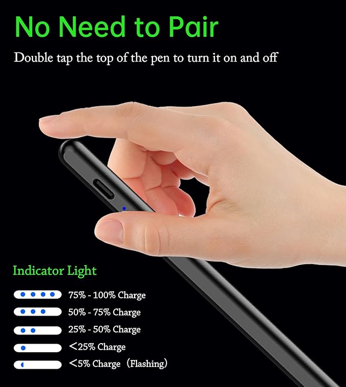 Stylus Pen for iPad 2018-2025, Pencil for Pad 9th&10th Generation with Tilt, Palm Rejection, Pencil Compatible with Apple iPad 6/7/8/9/10/A16, Pro 11"/12.9"/13"/M4, Mini 5/6, Air 3/4/5/M2/M3 - Black