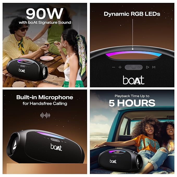 boAt Stone Ignite w/ 90 W RMS Sound, RGB LEDs, EQ Modes, IPX6,BT v5.3,Multi- Compatibility– Aux&USB, Playback time Up to 5 Hours & Type C Charging (Jade Black)